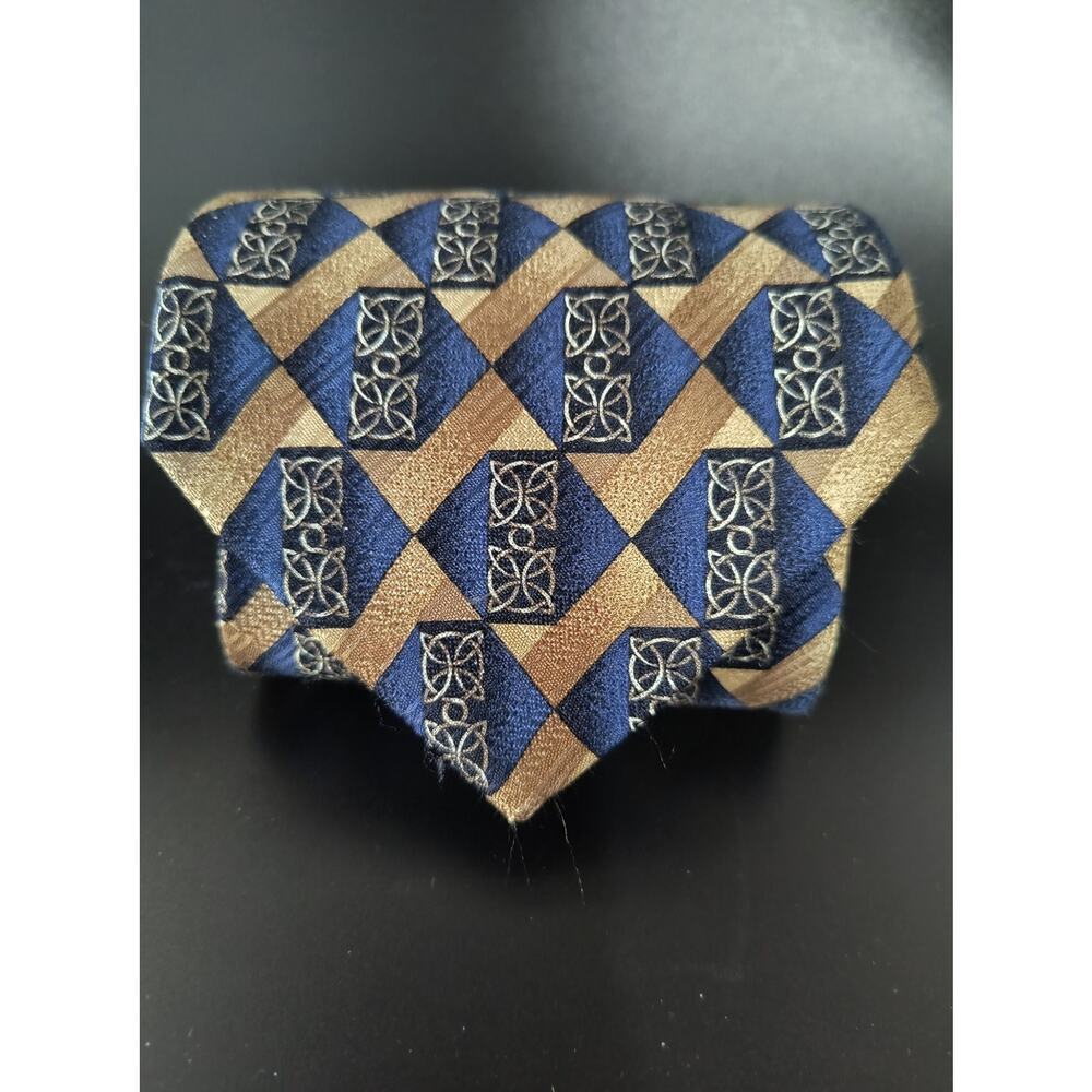 Bolgheri Tie 100% Silk Navy and Gold Geometric Pattern NWT